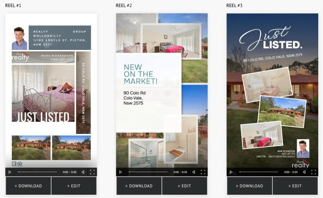 Three ready-made social media reels for a listing, generated by the Advanced Marketing Kit